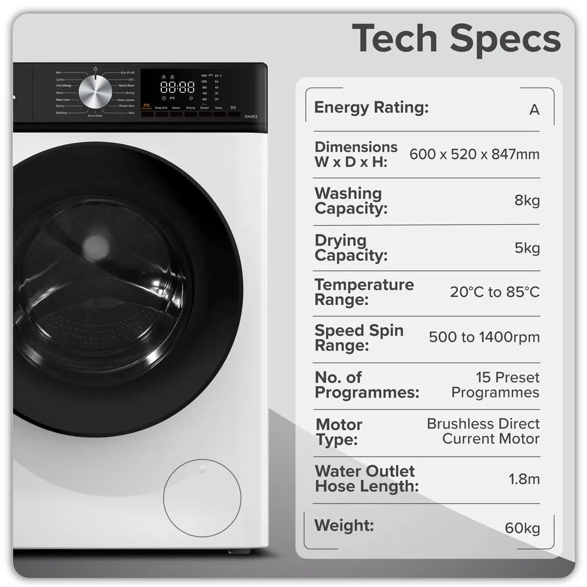 Baridi 8/5kg Washer Dryer, Front Loading, 1400rpm Energy Rating A – White  White Rose Tools