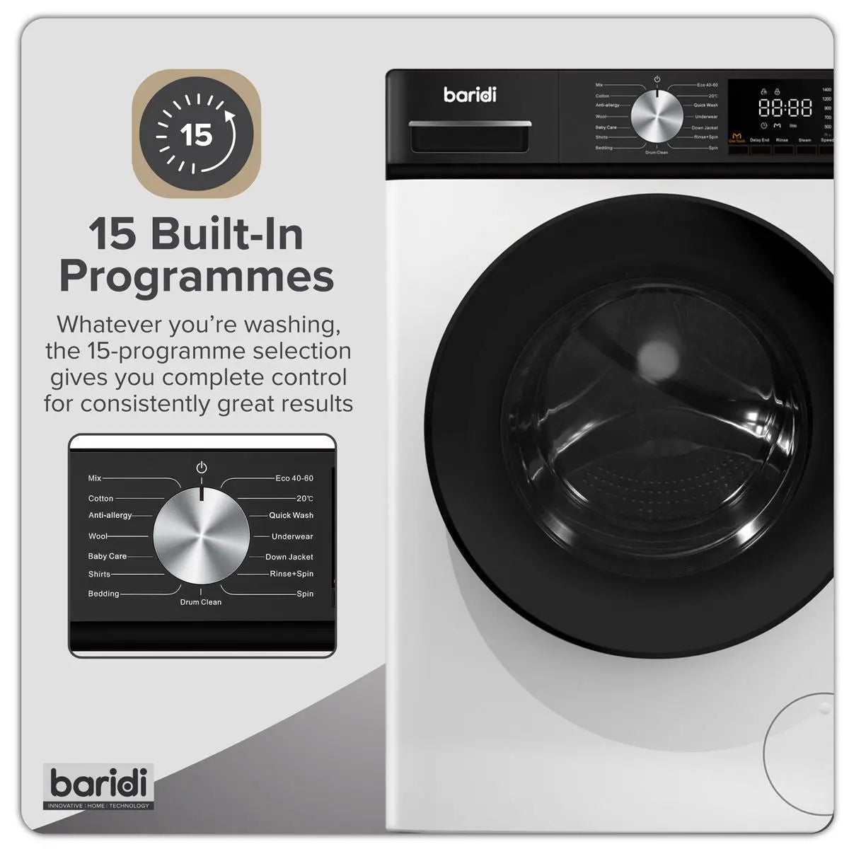 Baridi 8kg Washing Machine, Front Loading, 1400rpm Energy Rating A – White  White Rose Tools