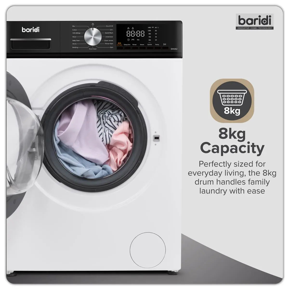 Baridi 8kg Washing Machine, Front Loading, 1400rpm Energy Rating A – White  White Rose Tools