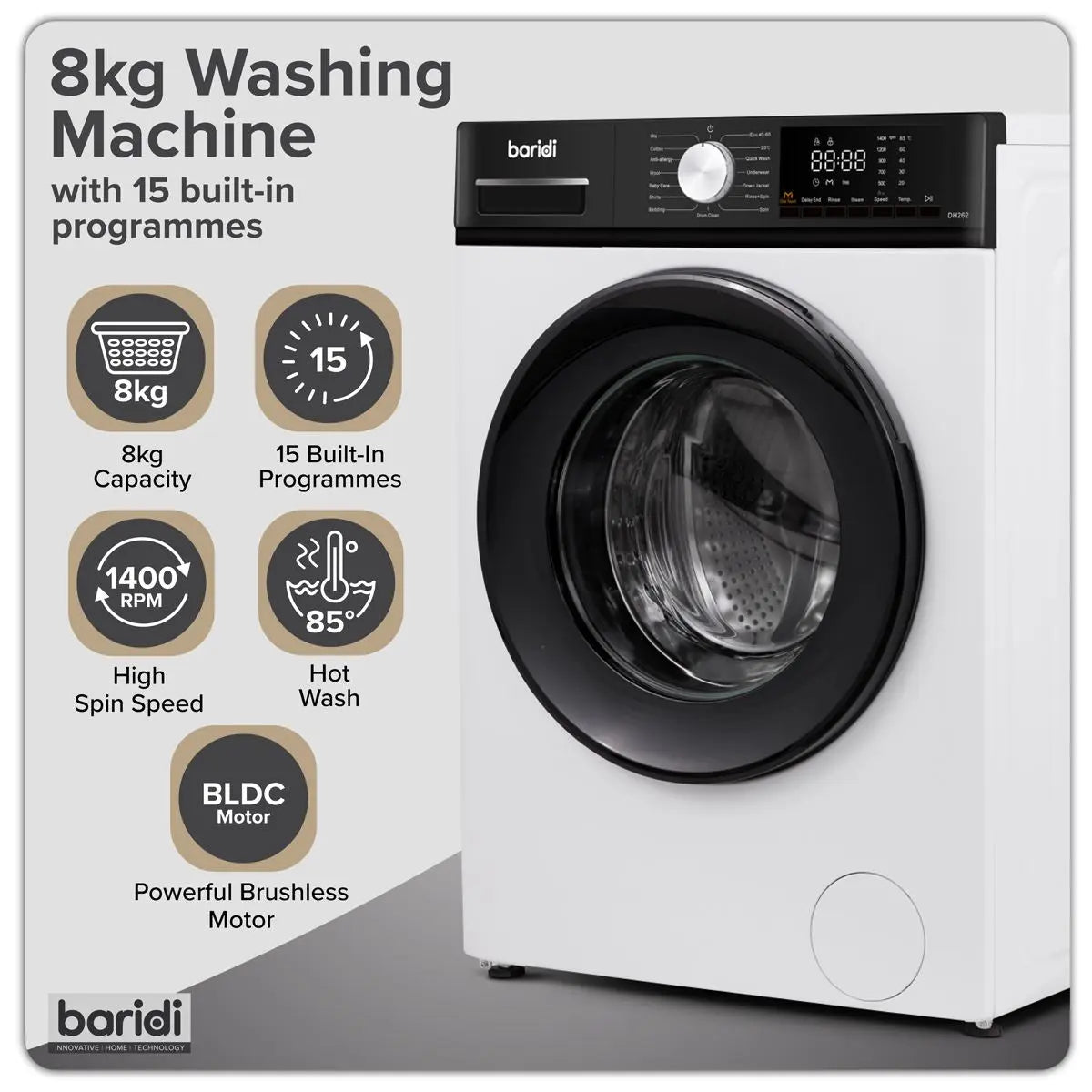 Baridi 8kg Washing Machine, Front Loading, 1400rpm Energy Rating A – White  White Rose Tools