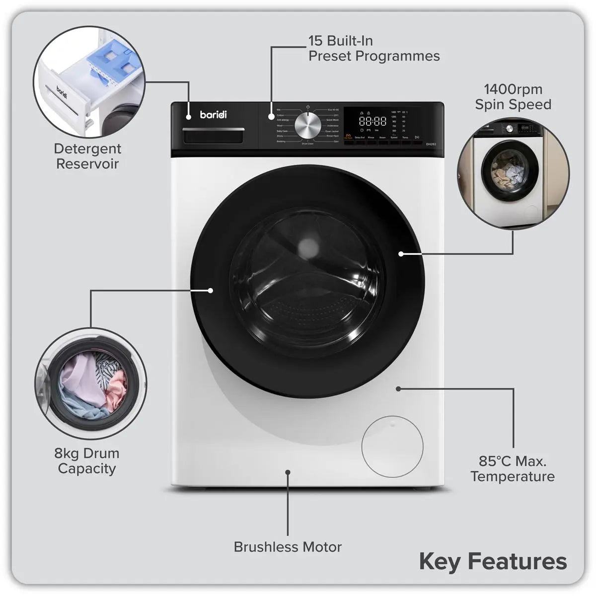 Baridi 8kg Washing Machine, Front Loading, 1400rpm Energy Rating A – White  White Rose Tools
