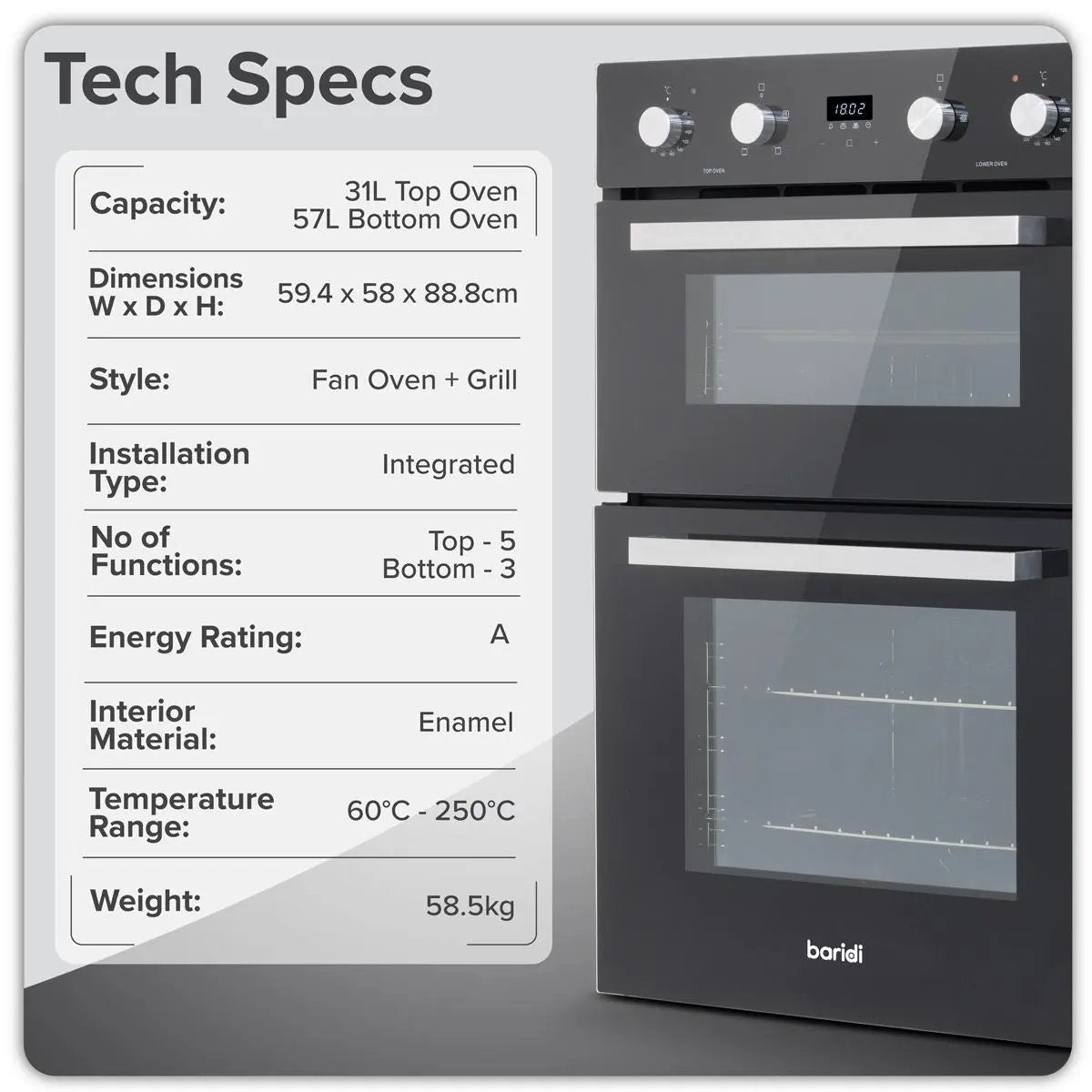 Baridi 90cm Built-In Double Oven, 88L Capacity, Energy Rating A - Black  White Rose Tools