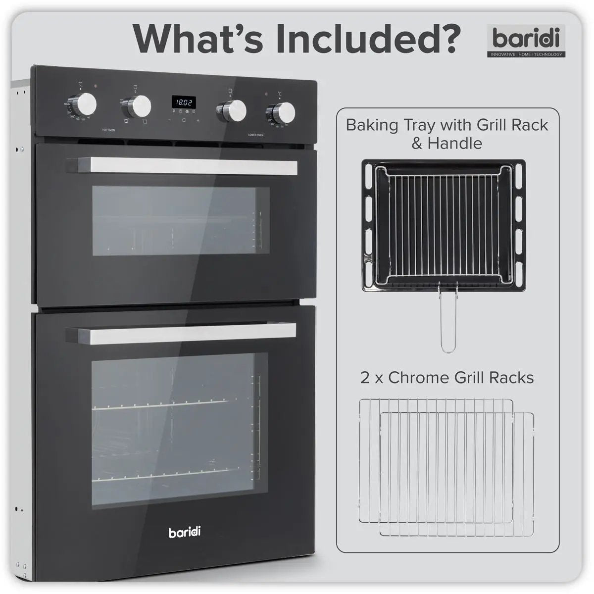 Baridi 90cm Built-In Double Oven, 88L Capacity, Energy Rating A - Black  White Rose Tools