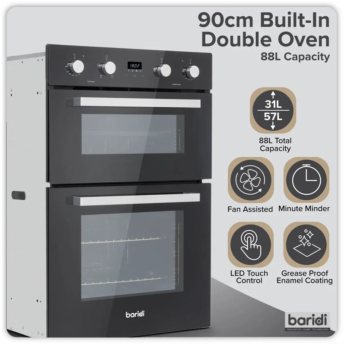 Baridi 90cm Built-In Double Oven, 88L Capacity, Energy Rating A - Black  White Rose Tools