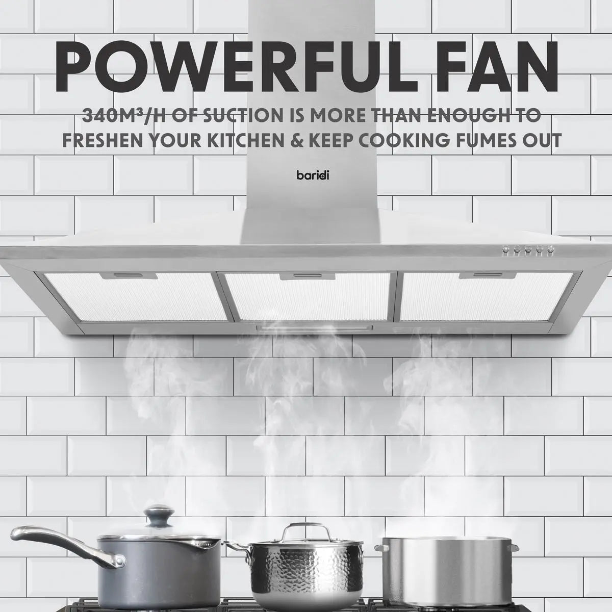 Baridi 90cm Chimney Style Cooker Hood with Carbon Filters, Stainless Steel  White Rose Tools