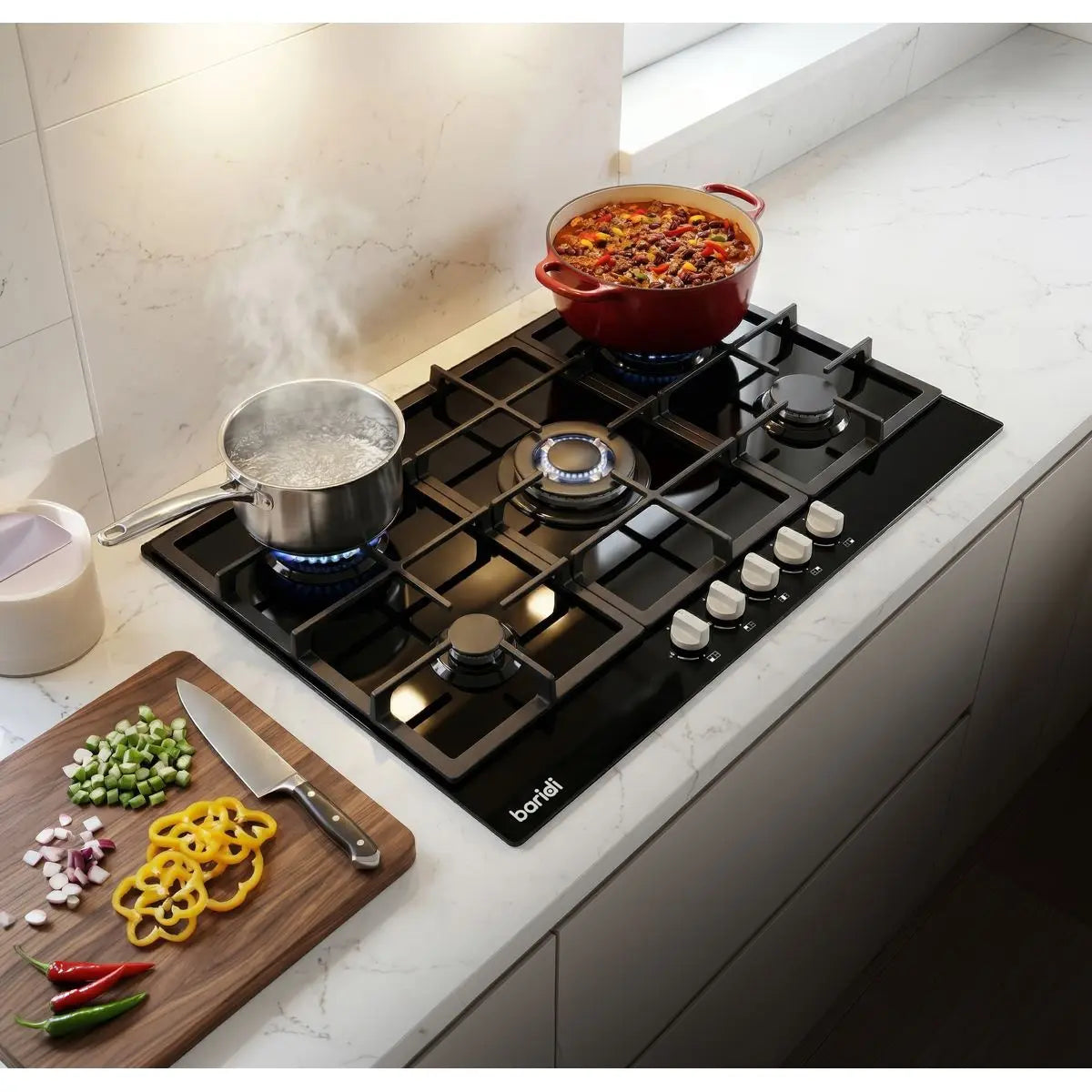 Baridi 90cm Gas Hob Glass with 5 Burners, Cast Iron Supports & Auto Ignition 11kW  White Rose Tools