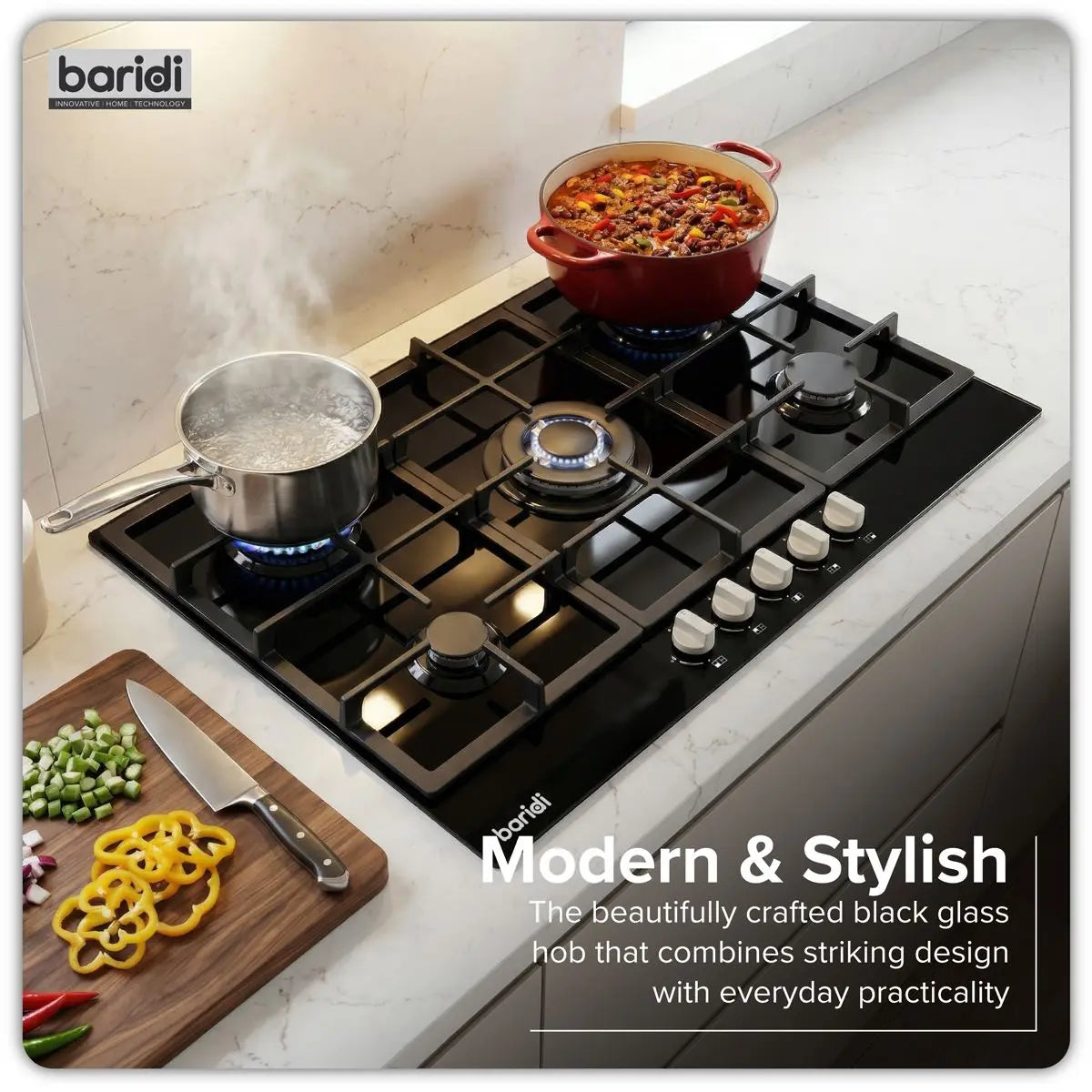 Baridi 90cm Gas Hob Glass with 5 Burners, Cast Iron Supports & Auto Ignition 11kW  White Rose Tools