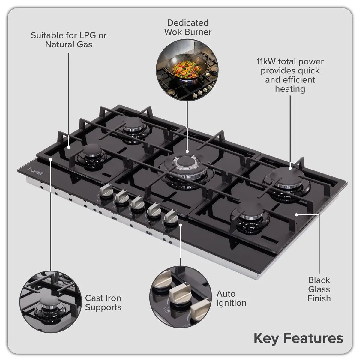 Baridi 90cm Gas Hob Glass with 5 Burners, Cast Iron Supports & Auto Ignition 11kW  White Rose Tools