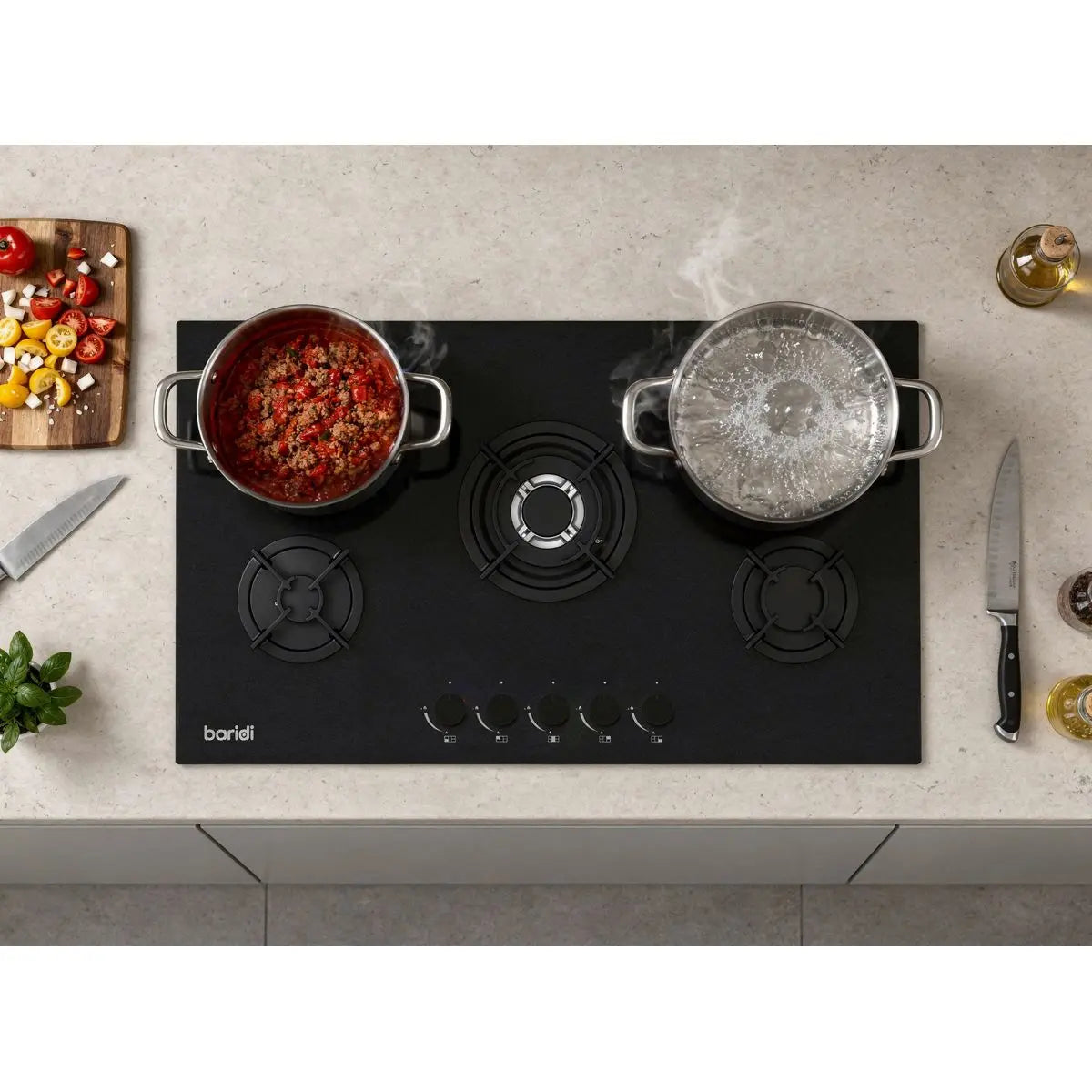 Baridi 90cm Gas Hob Matt Black Glass 5 Burners Cast Iron Supports & Auto Ignition 10.4kW  White Rose Tools