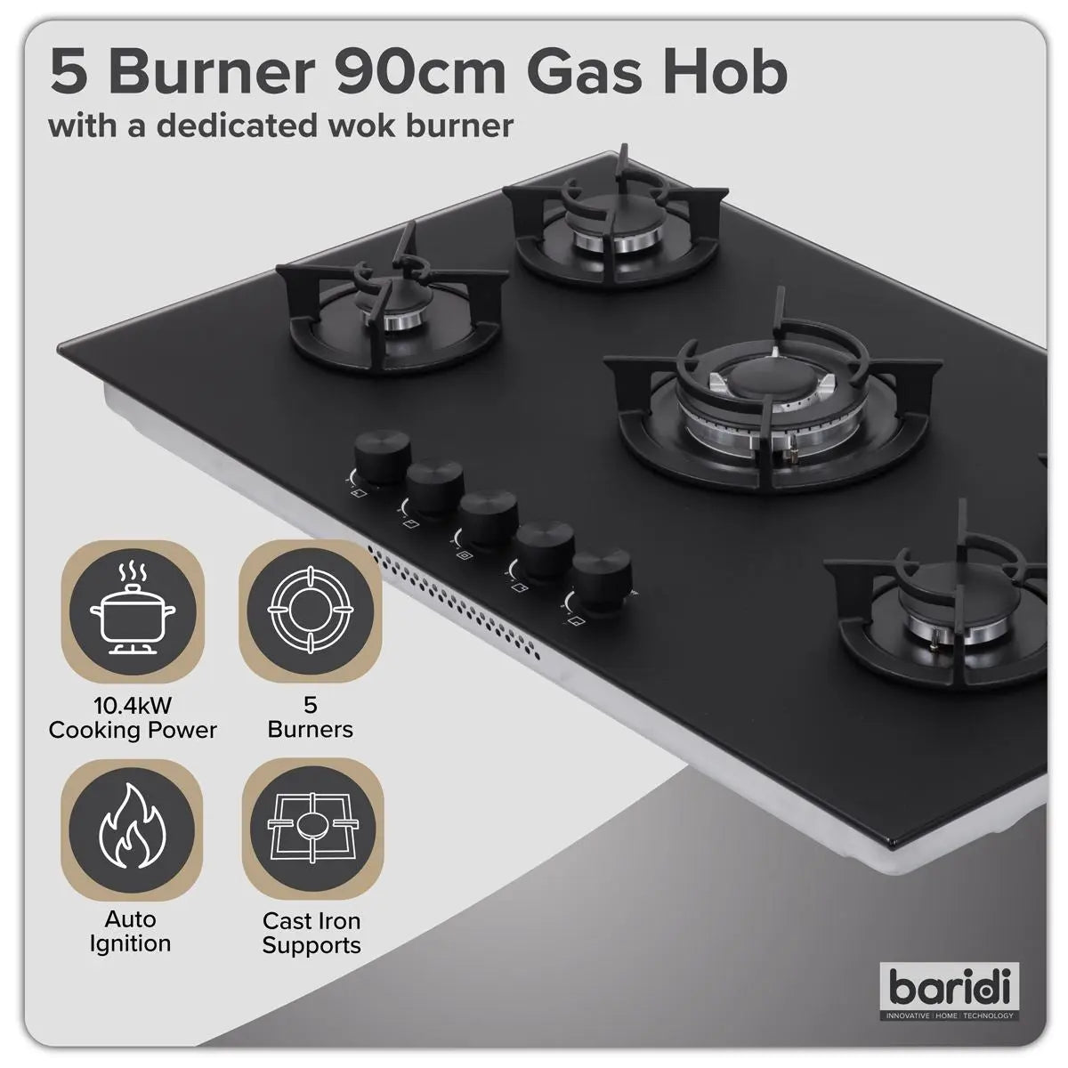 Baridi 90cm Gas Hob Matt Black Glass 5 Burners Cast Iron Supports & Auto Ignition 10.4kW  White Rose Tools