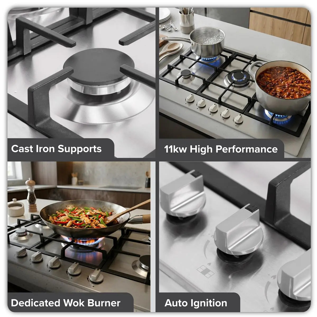 Baridi 90cm Gas Hob Stainless Steel with 5 Burners, Cast Iron Supports & Auto Ignition 11kW  White Rose Tools