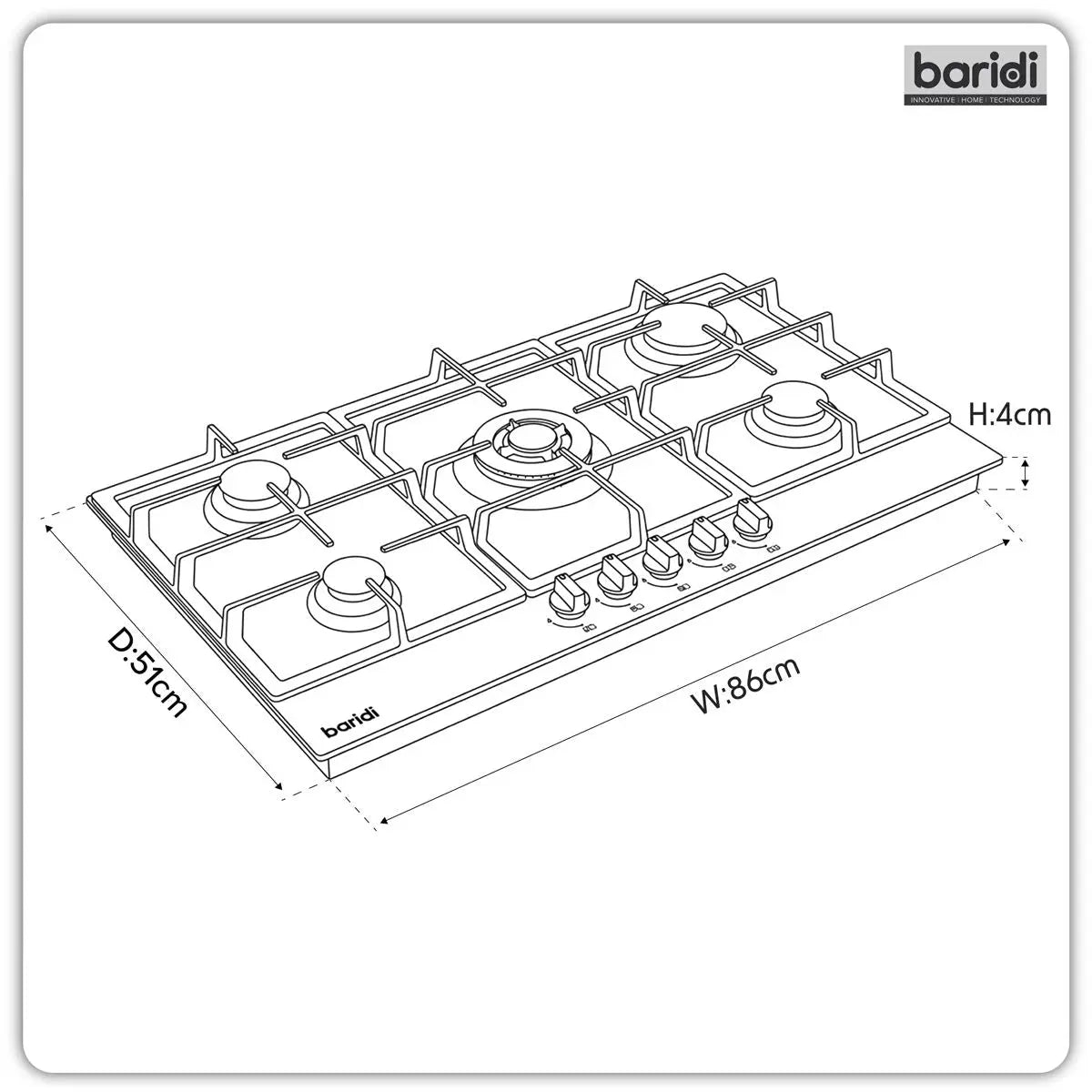 Baridi 90cm Gas Hob Stainless Steel with 5 Burners, Cast Iron Supports & Auto Ignition 11kW  White Rose Tools