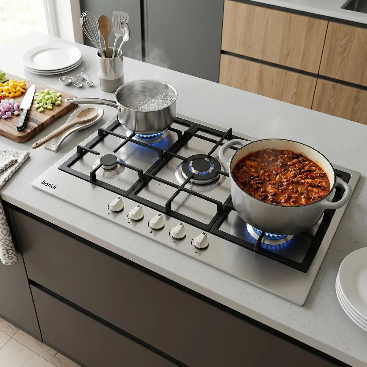 Baridi 90cm Gas Hob Stainless Steel with 5 Burners, Cast Iron Supports & Auto Ignition 11kW  White Rose Tools
