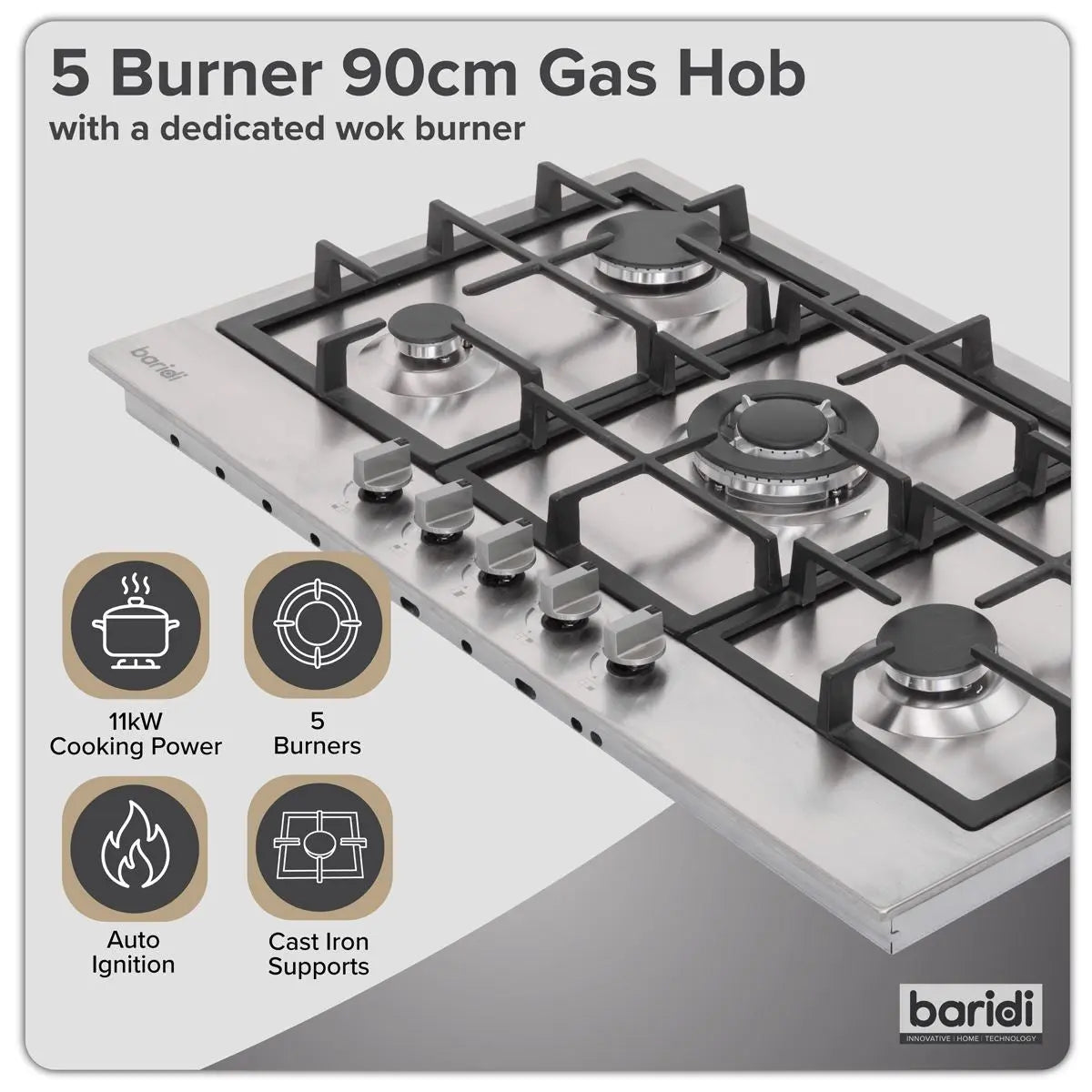 Baridi 90cm Gas Hob Stainless Steel with 5 Burners, Cast Iron Supports & Auto Ignition 11kW  White Rose Tools