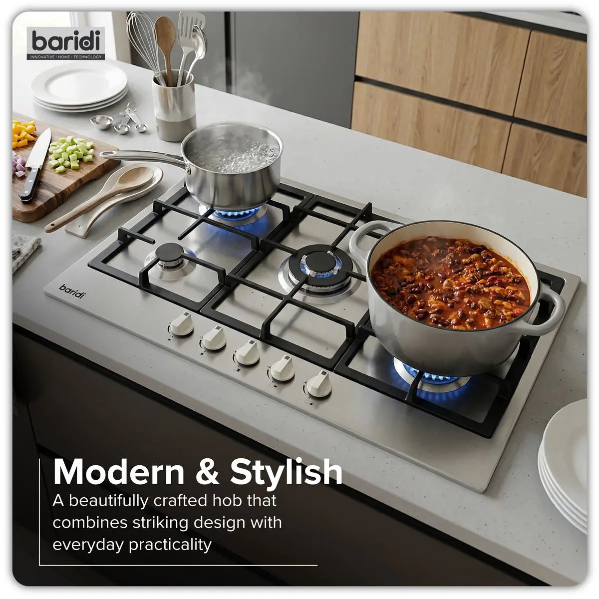 Baridi 90cm Gas Hob Stainless Steel with 5 Burners, Cast Iron Supports & Auto Ignition 11kW  White Rose Tools