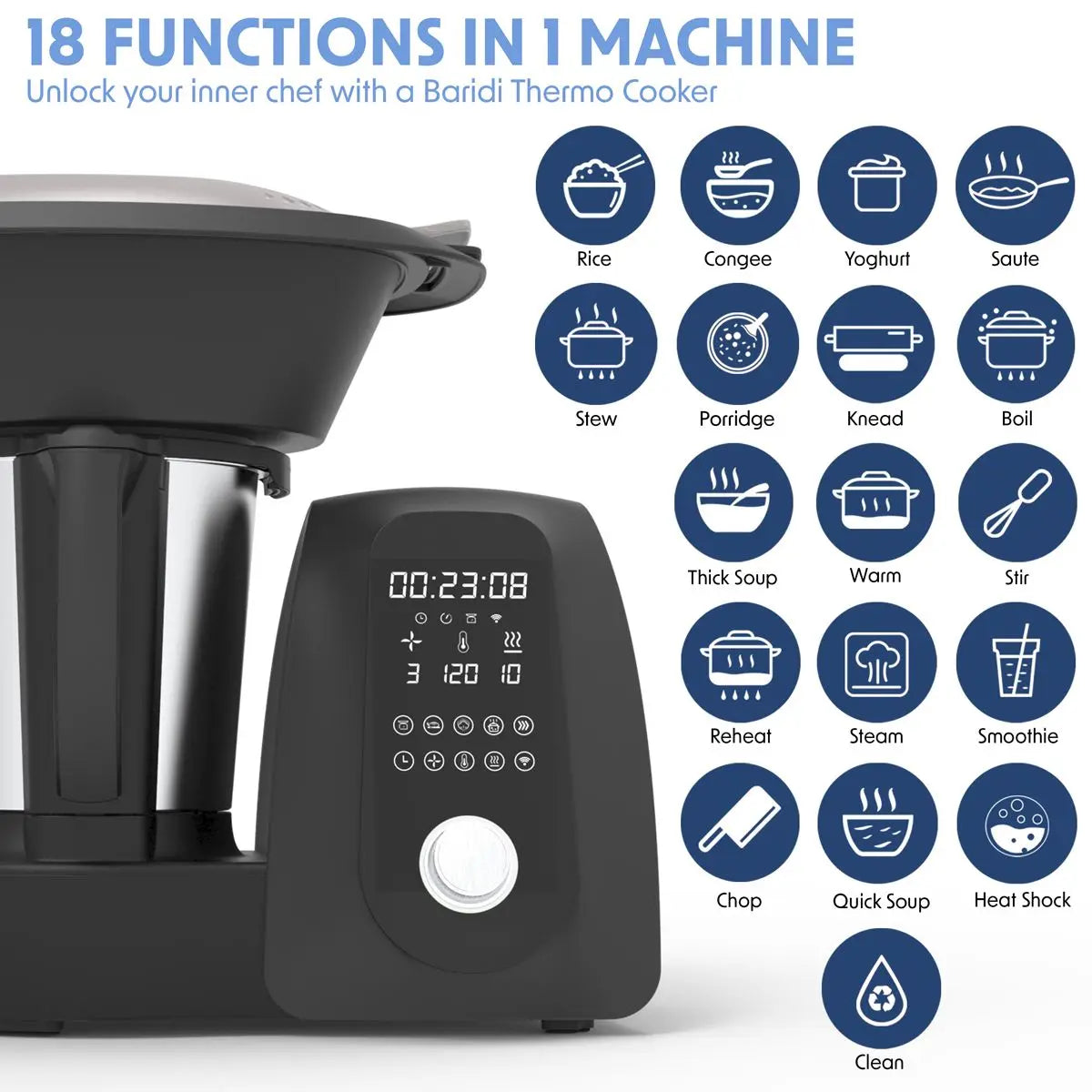 Baridi All-in-One Thermo-Cooker, 18 Preset Functions, App Guided Recipes, Black  White Rose Tools