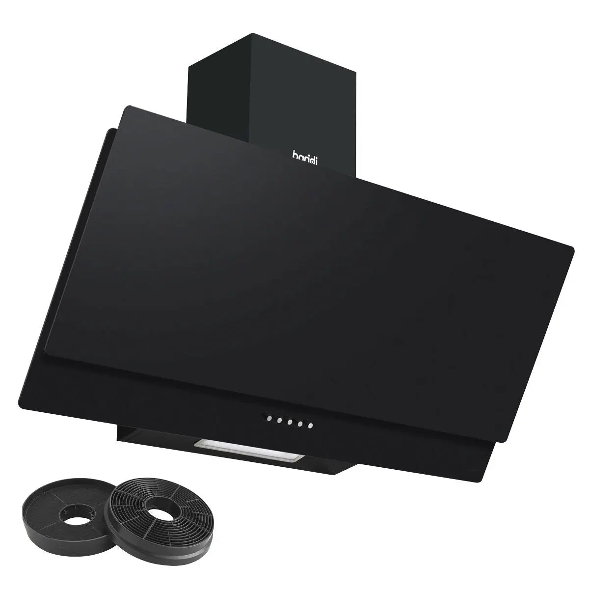 Baridi Angled Chimney Cooker Hood with Carbon Filters & LED Lamp 90cm, Energy Class A - Black Glass  White Rose Tools