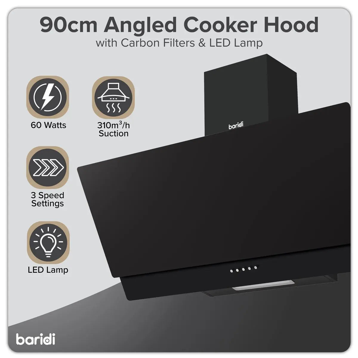 Baridi Angled Chimney Cooker Hood with Carbon Filters & LED Lamp 90cm, Energy Class A - Black Glass  White Rose Tools
