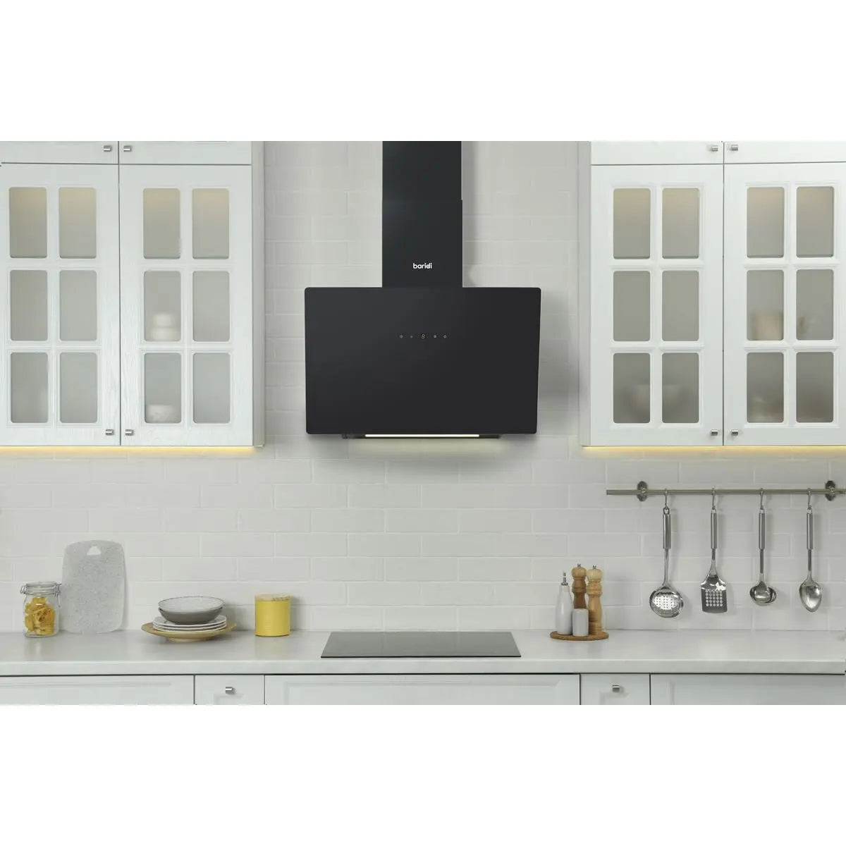 Baridi Angled Chimney Cooker Hood with Touch Controls & Carbon Filters 60cm - Black Glass  White Rose Tools