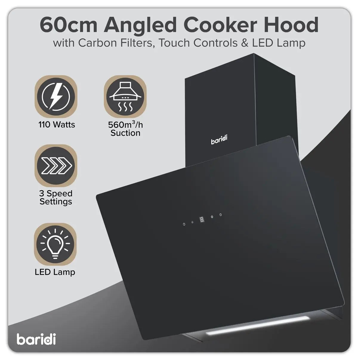 Baridi Angled Chimney Cooker Hood with Touch Controls & Carbon Filters 60cm - Black Glass  White Rose Tools