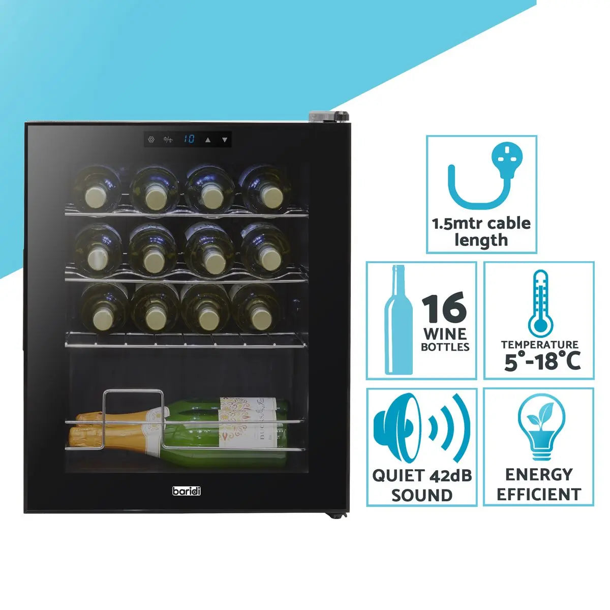 Baridi Black 16 Bottle Wine Fridge Cooler, 5-18°C Touch Controls & LED 430x560mm  White Rose Tools