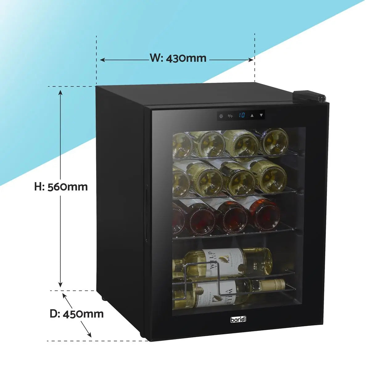 Baridi Black 16 Bottle Wine Fridge Cooler, 5-18°C Touch Controls & LED 430x560mm  White Rose Tools