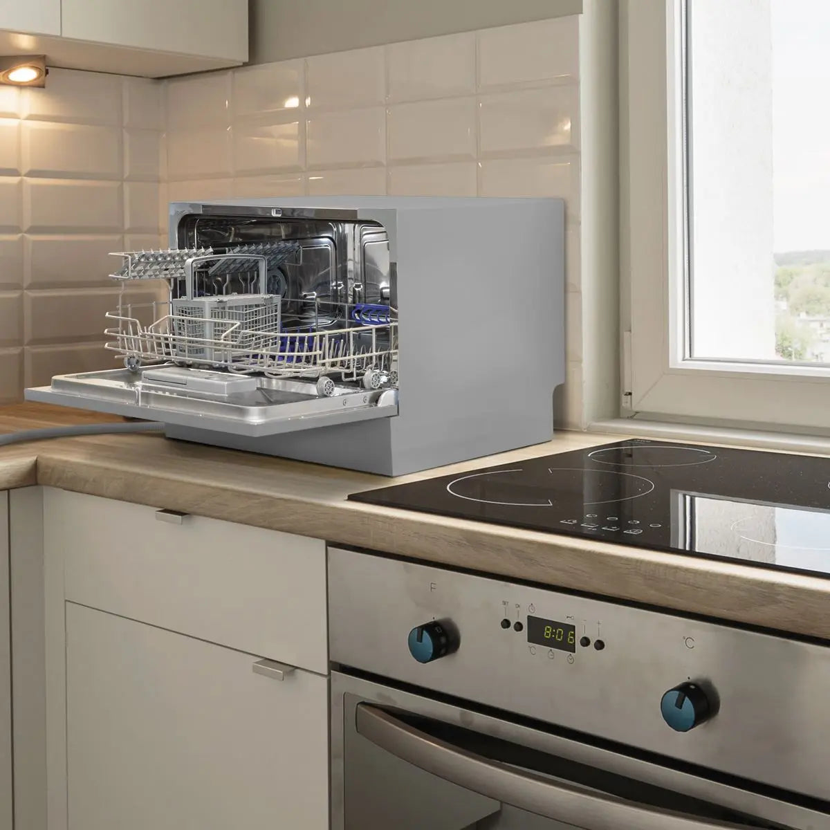 Baridi Compact Tabletop Dishwasher 6 Place Settings, 6 Programmes, Low Noise, 6.5L Cycle, Start Delay - Silver  White Rose Tools