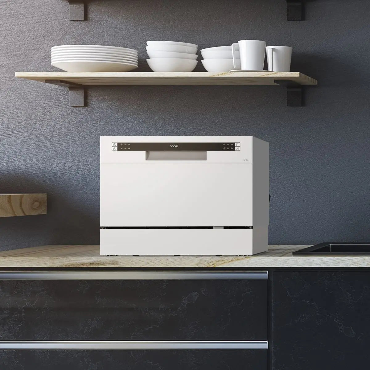 Baridi Compact Tabletop Dishwasher 6 Place Settings, 6 Programmes, Low Noise, 6.5L Cycle, Start Delay - White  White Rose Tools