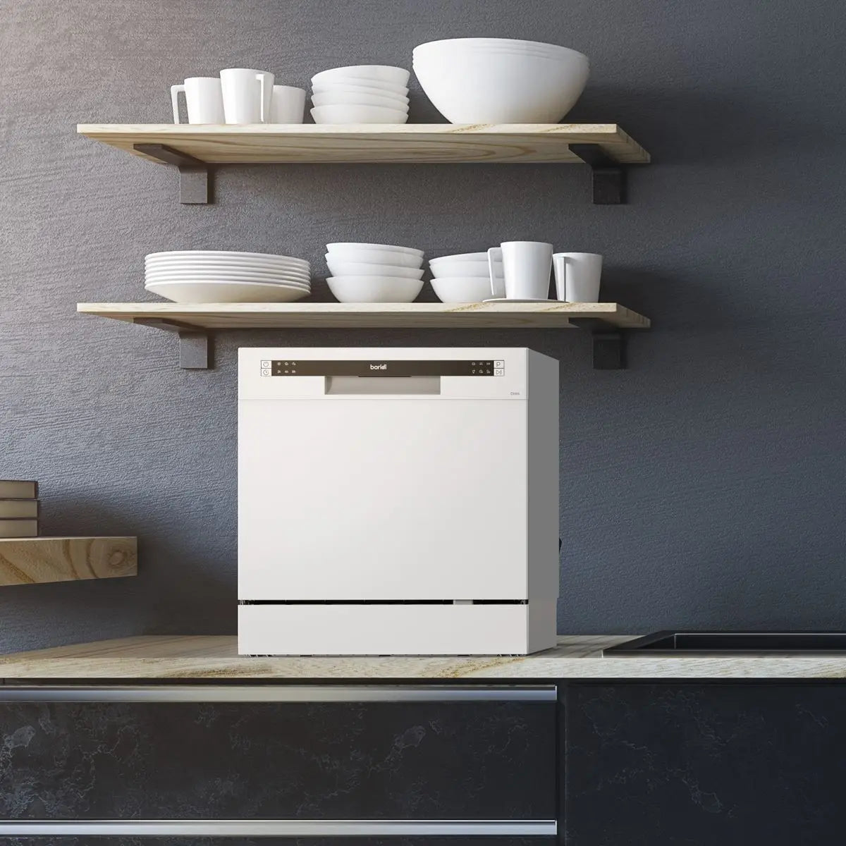 Baridi Compact Tabletop Dishwasher 8 Place Settings, 6 Programmes, Low Noise, 8L Cycle, Start Delay - White  White Rose Tools