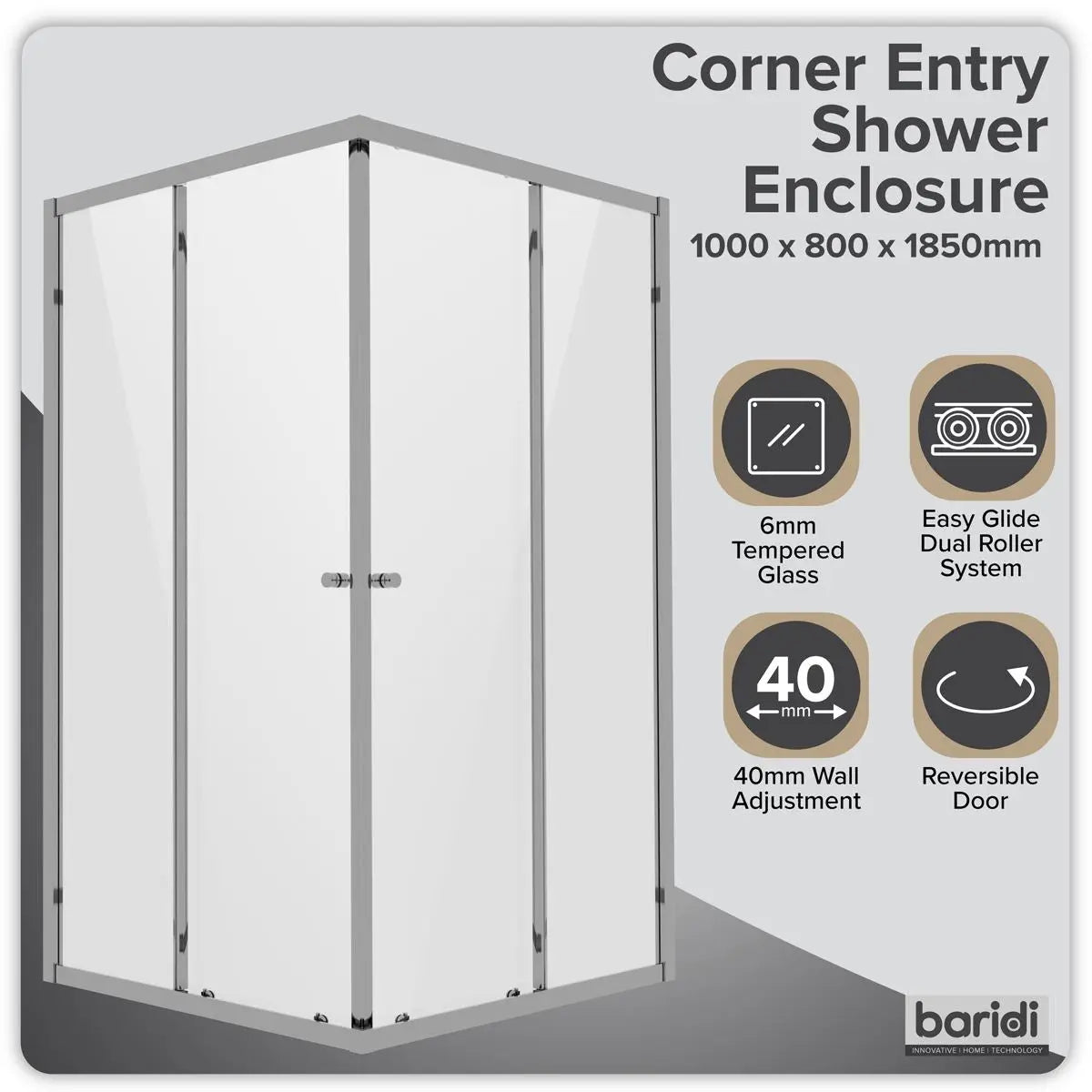 Baridi Corner Shower Entry Enclosure 1000 x 800 x 1850mm with 6mm Tempered Glass - Chrome  White Rose Tools
