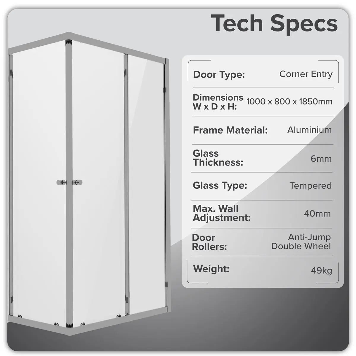 Baridi Corner Shower Entry Enclosure 1000 x 800 x 1850mm with 6mm Tempered Glass - Chrome  White Rose Tools