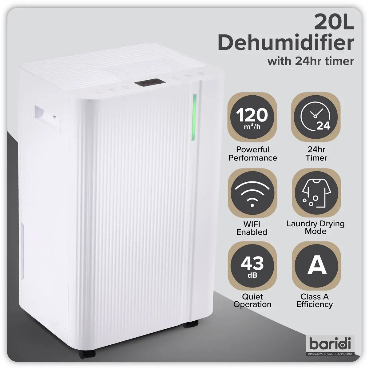Baridi Dehumidifier with Digital Display & 24hr Timer 20L - White  White Rose Tools