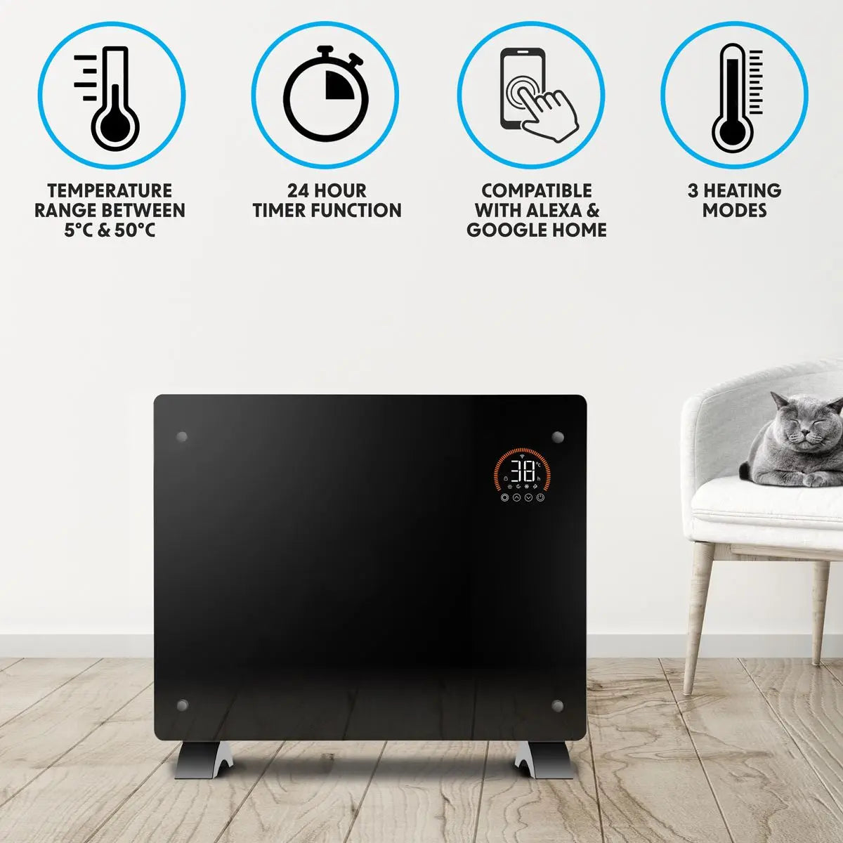 Baridi Electric Glass Panel Heater, 1500W, Thermostat Controlled 24Hr 7 Day Timer, Wi-Fi Enabled, Remote Control, Black - DH137  White Rose Tools