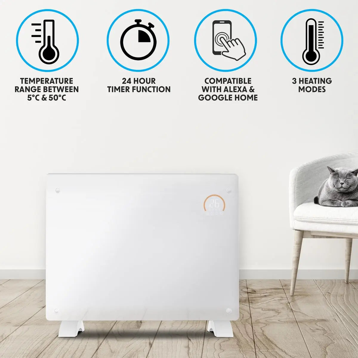 Baridi Electric Glass Panel Heater, 1500W, Thermostat Controlled 24Hr 7 Day Timer, Wi-Fi Enabled, Remote Control, White  White Rose Tools