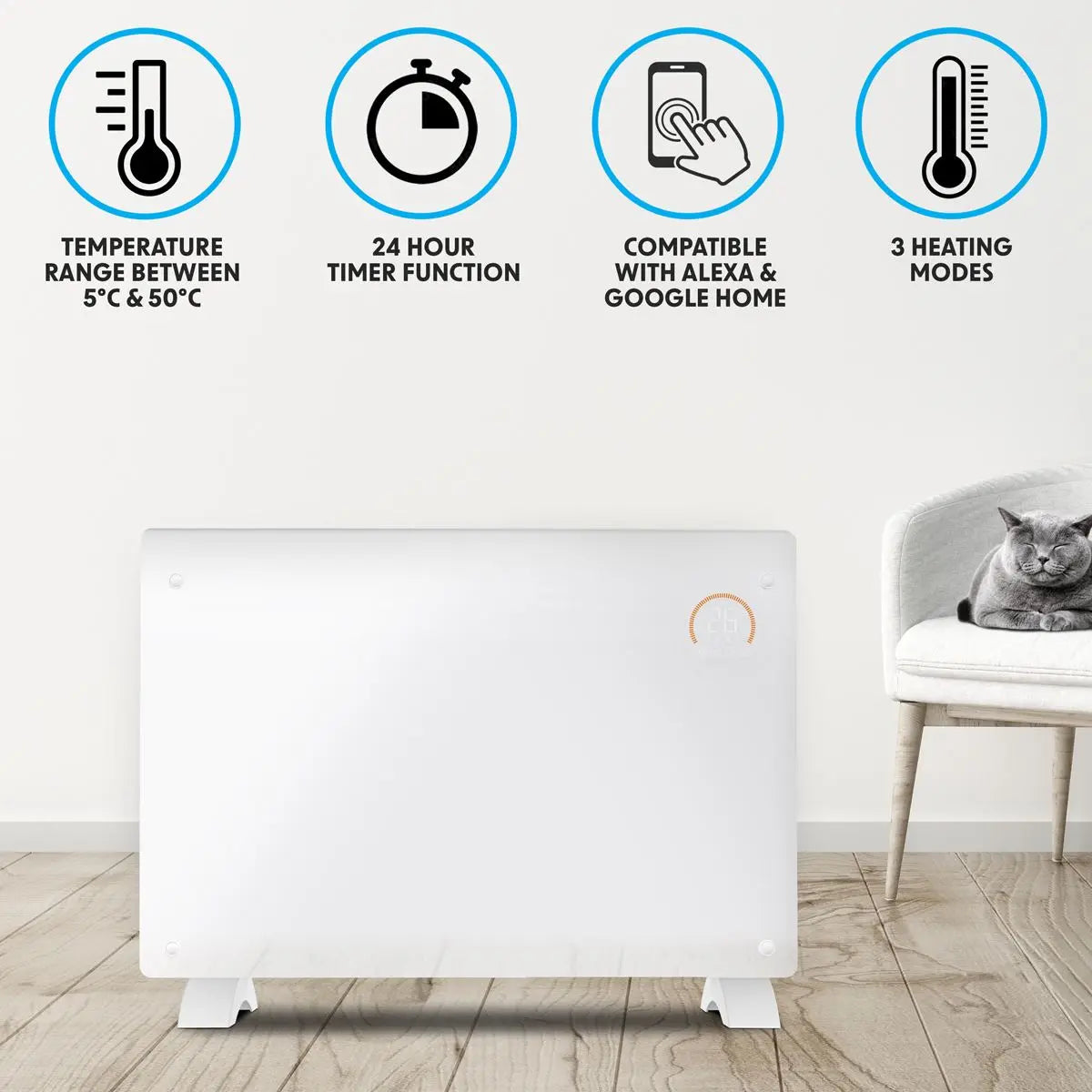 Baridi Electric Glass Panel Heater, 2000W, Thermostat Controlled 24Hr 7 Day Timer, Wi-Fi Enabled, Remote Control, White  White Rose Tools