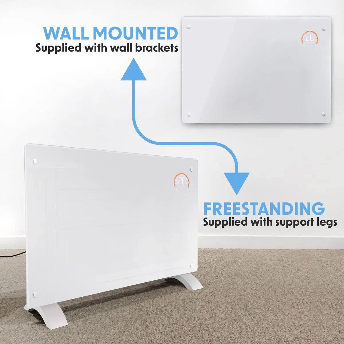 Baridi Electric Glass Panel Heater, 2000W, Thermostat Controlled 24Hr 7 Day Timer, Wi-Fi Enabled, Remote Control, White  White Rose Tools