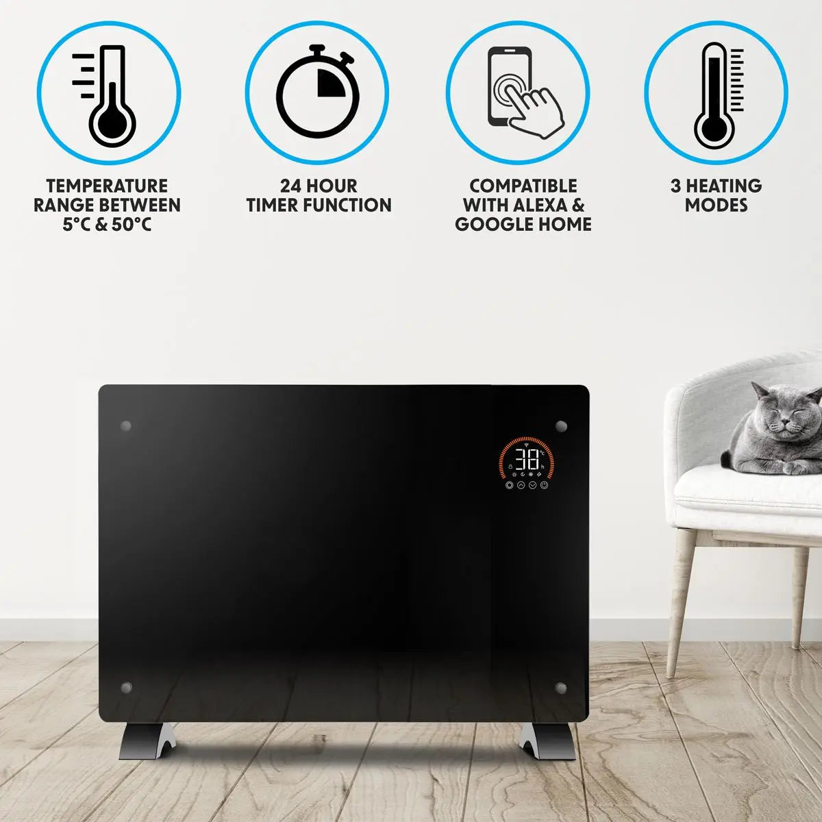 Baridi Electric Glass Panel Heater, 2000W, Thermostat Controlled Radiator with 24Hr 7 Day Timer, Wi-Fi Enabled, Remote Control, Black  White Rose Tools