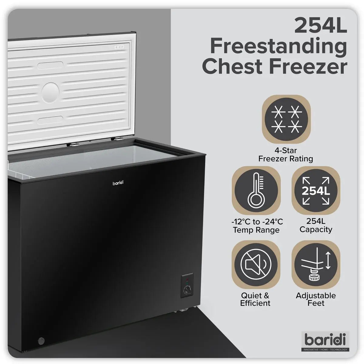 Baridi Freestanding Chest Freezer 254L Capacity - Black  White Rose Tools