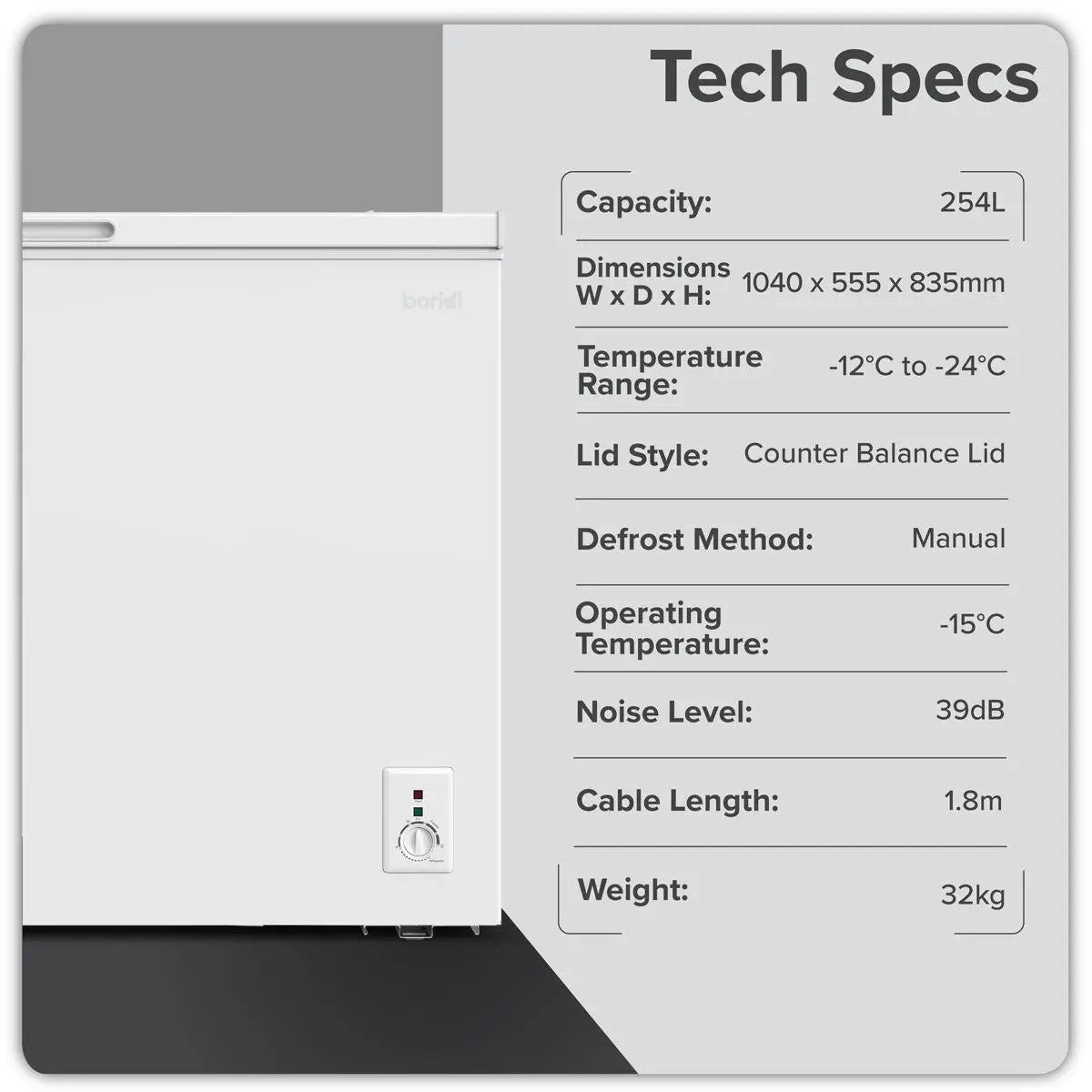 Baridi Freestanding Chest Freezer 254L Capacity - White  White Rose Tools