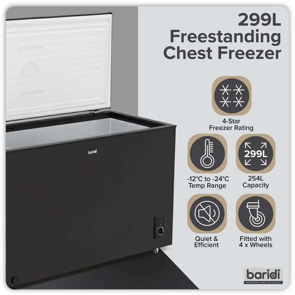 Baridi Freestanding Chest Freezer 299L Capacity - Black  White Rose Tools