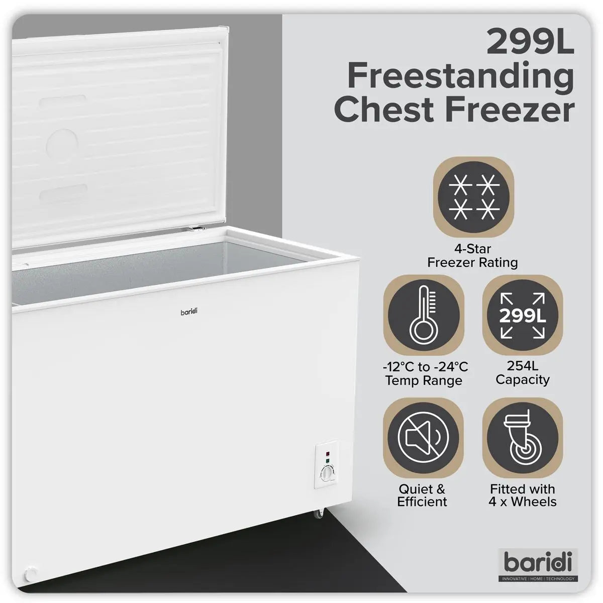 Baridi Freestanding Chest Freezer 299L Capacity - White  White Rose Tools