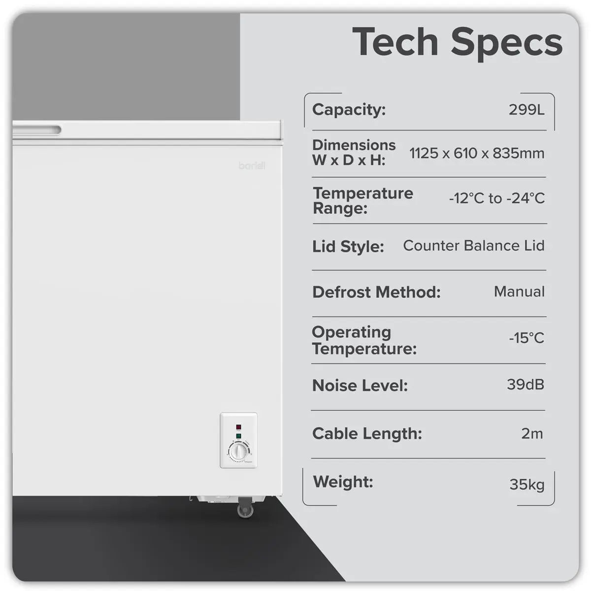 Baridi Freestanding Chest Freezer 299L Capacity - White  White Rose Tools