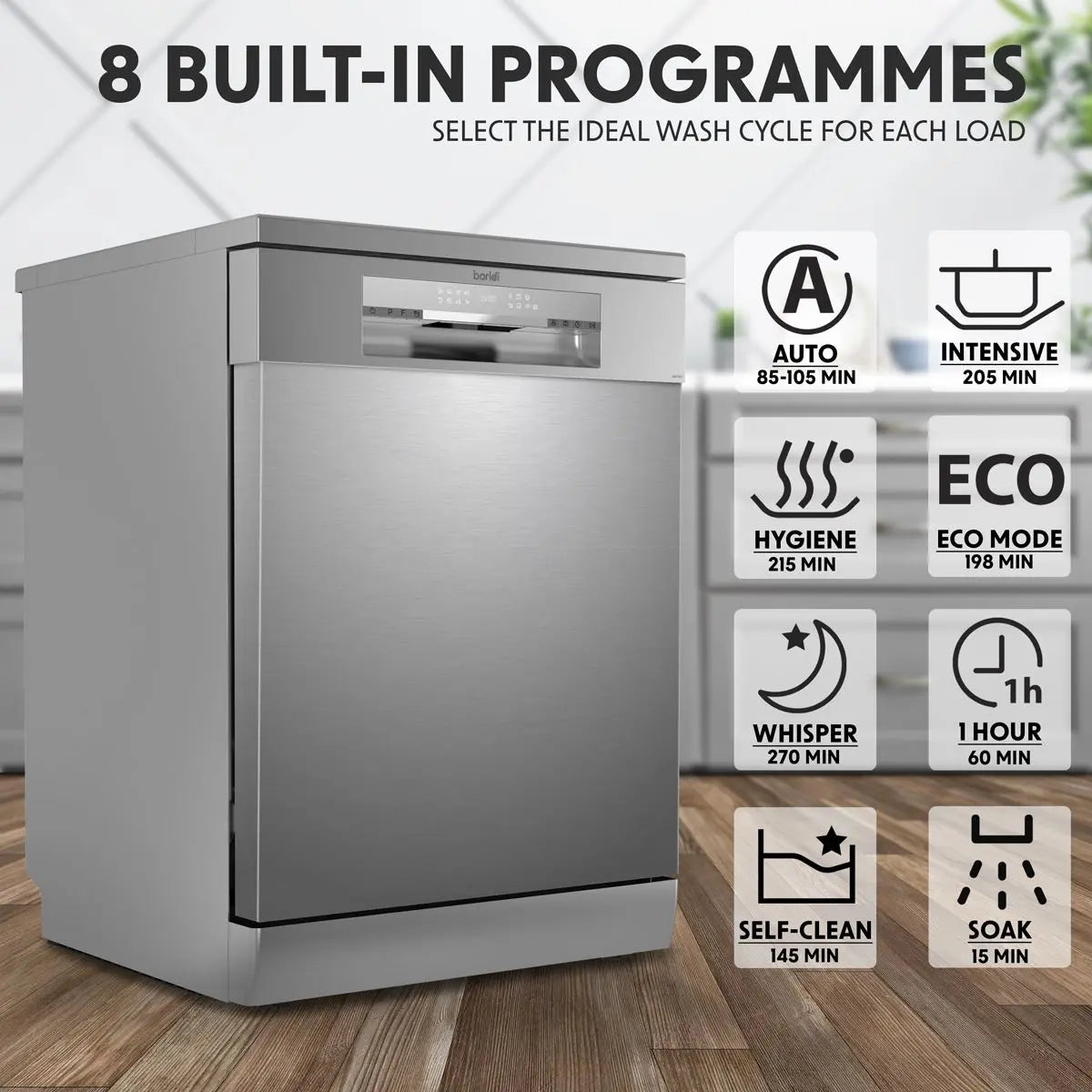 Baridi Freestanding Dishwasher, Full Size, Standard 60cm Wide with 14 Place Settings, 8 Programs & 5 Functions, LED Display, Silver  White Rose Tools