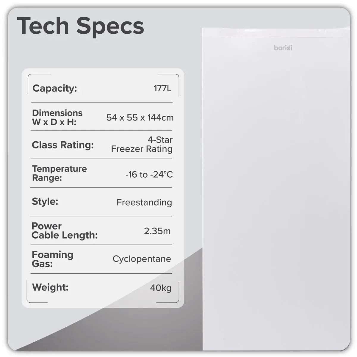 Baridi Freestanding Tall Freezer 177L Capacity – White  White Rose Tools