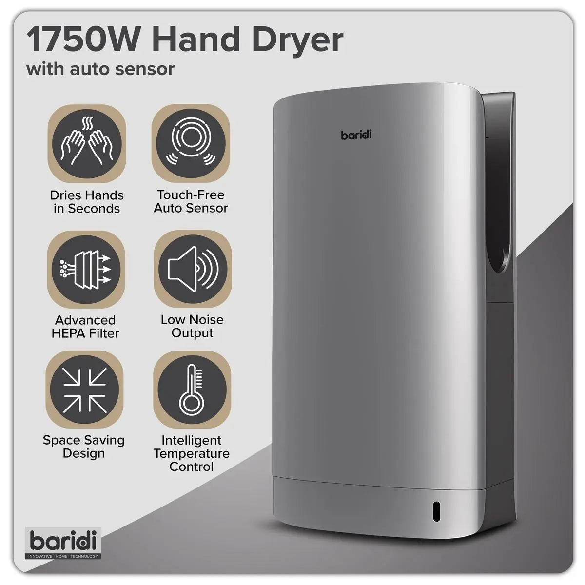 Baridi Hand Dryer with HEPA Filter & Auto-Sensor 1750W/230V - Silver  White Rose Tools