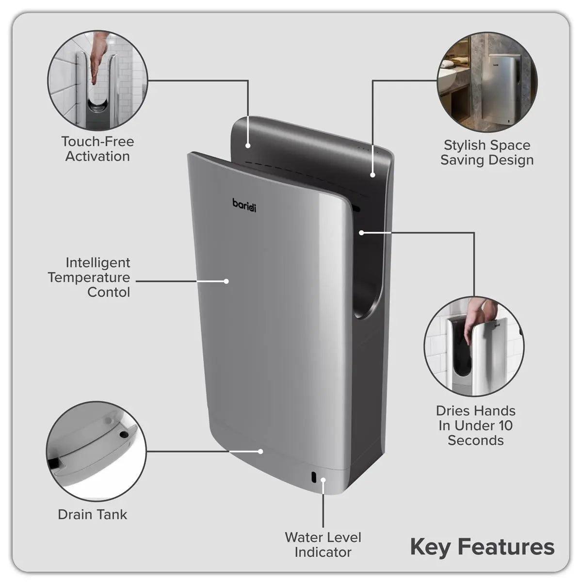 Baridi Hand Dryer with HEPA Filter & Auto-Sensor 1750W/230V - Silver  White Rose Tools