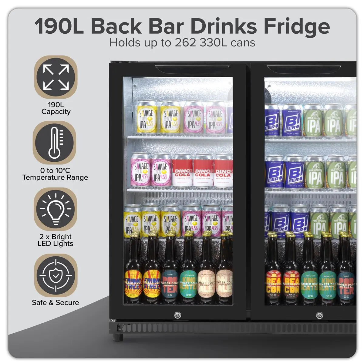 Baridi Hinged Double Door, Back Bar Drinks Fridge/Cooler, 190L Capacity  White Rose Tools