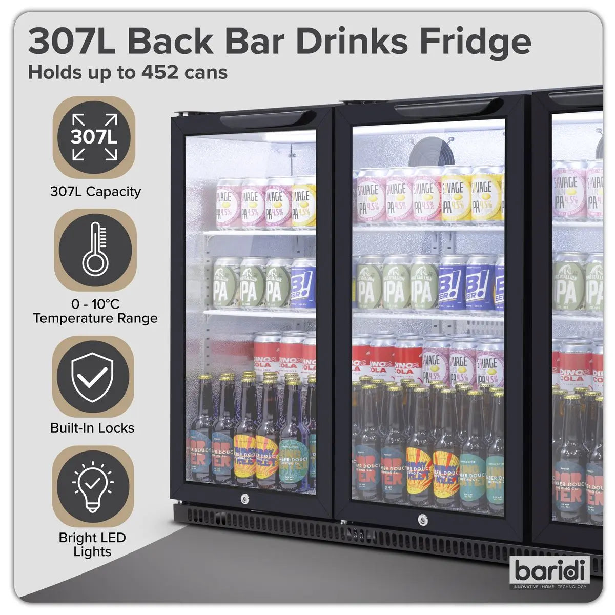 Baridi Hinged Triple Door, Back Bar Drinks Fridge/Cooler, 307L Capacity  White Rose Tools