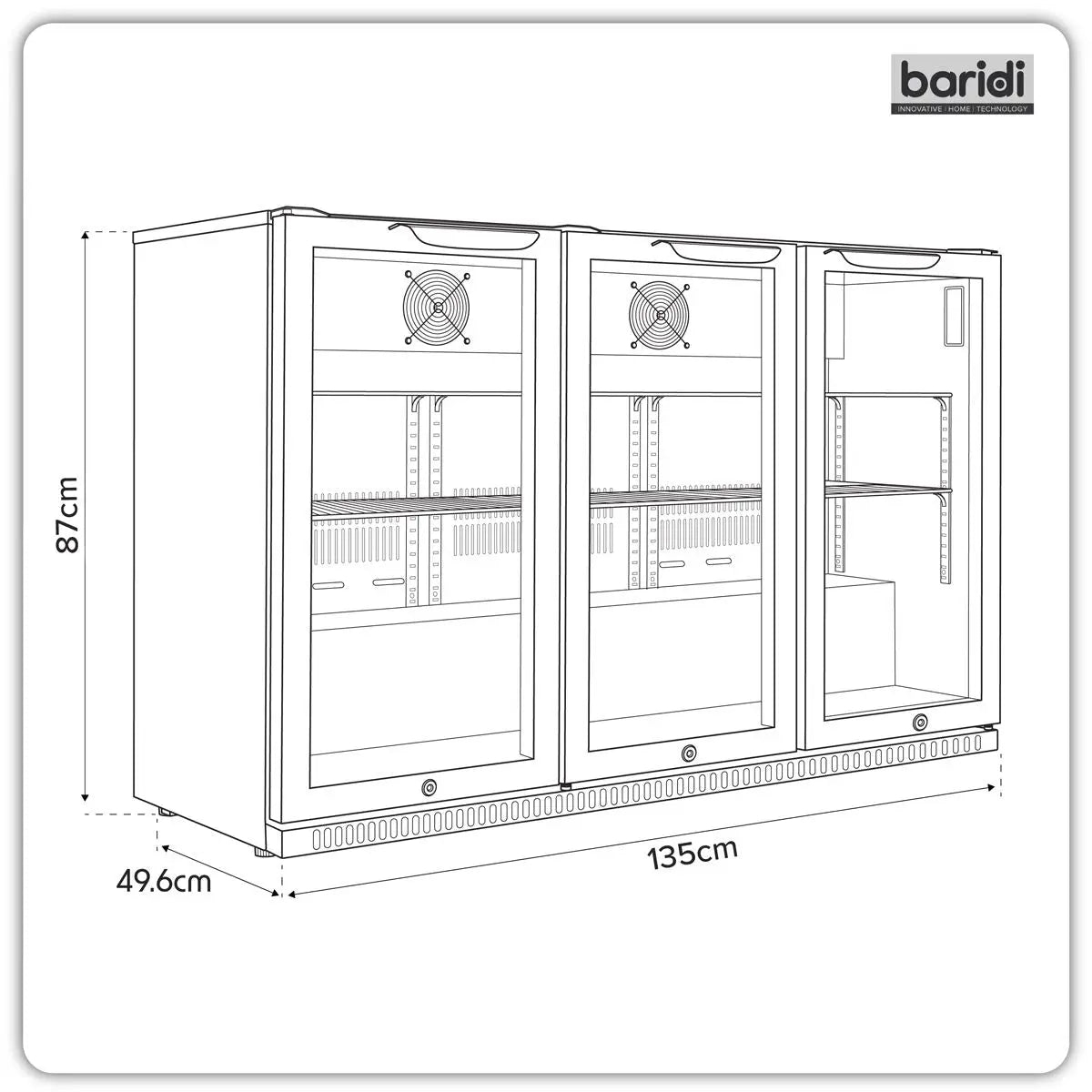 Baridi Hinged Triple Door, Back Bar Drinks Fridge/Cooler, 307L Capacity  White Rose Tools