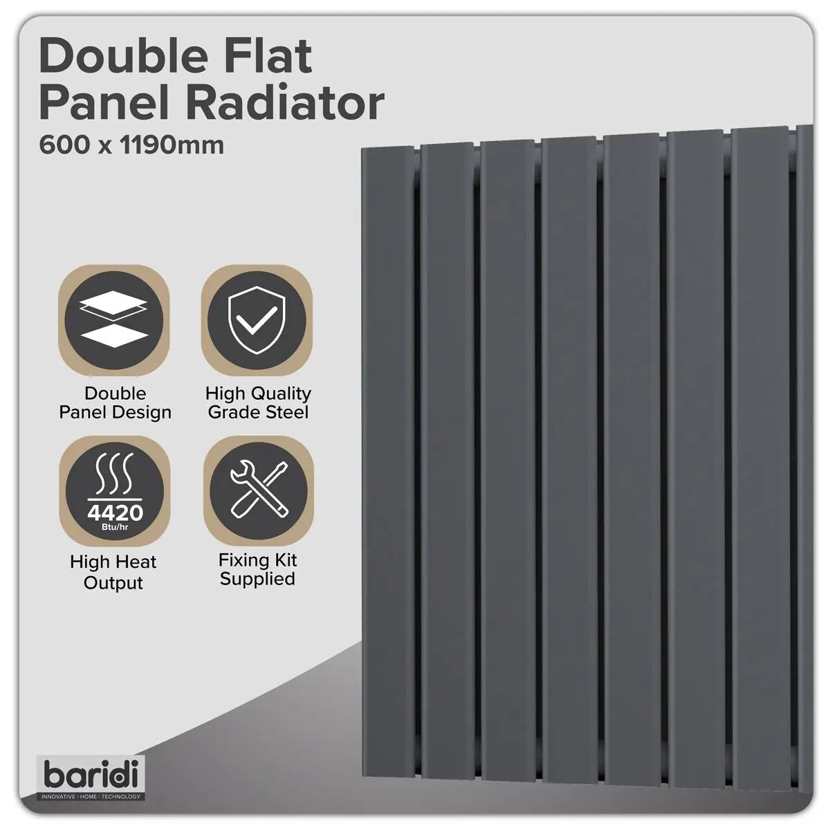 Baridi Horizontal Radiator Contemporary Double Flat Panel Design 600 x 1190mm – Anthracite  White Rose Tools